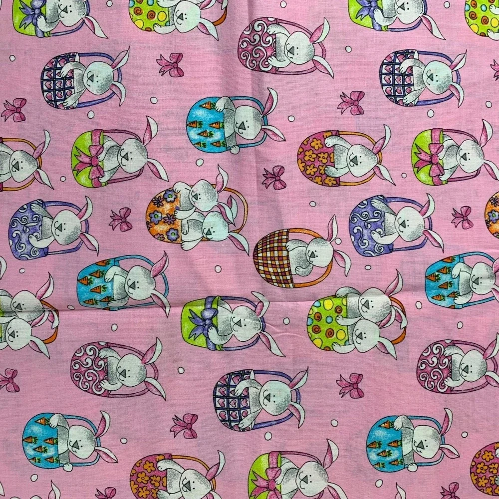 Vintage Pink Craft Fabric Easter Bunny Egg Print 2 yards